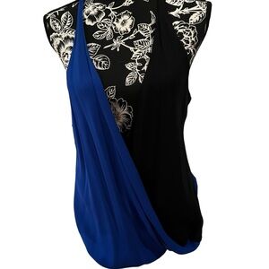 New Look large cobalt blue & black faux wrap top criss cross back NWT